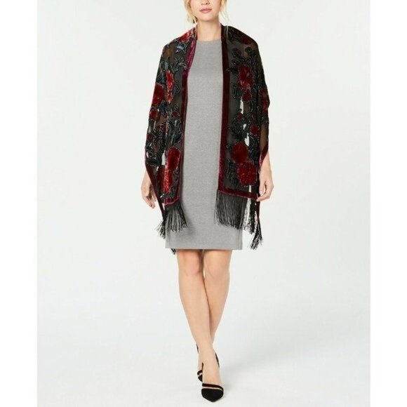 INC Sparkle Floral Embroidered Sheer Velvet Black Shawl Wrap Scarf Fringe Trim - Picture 3 of 3